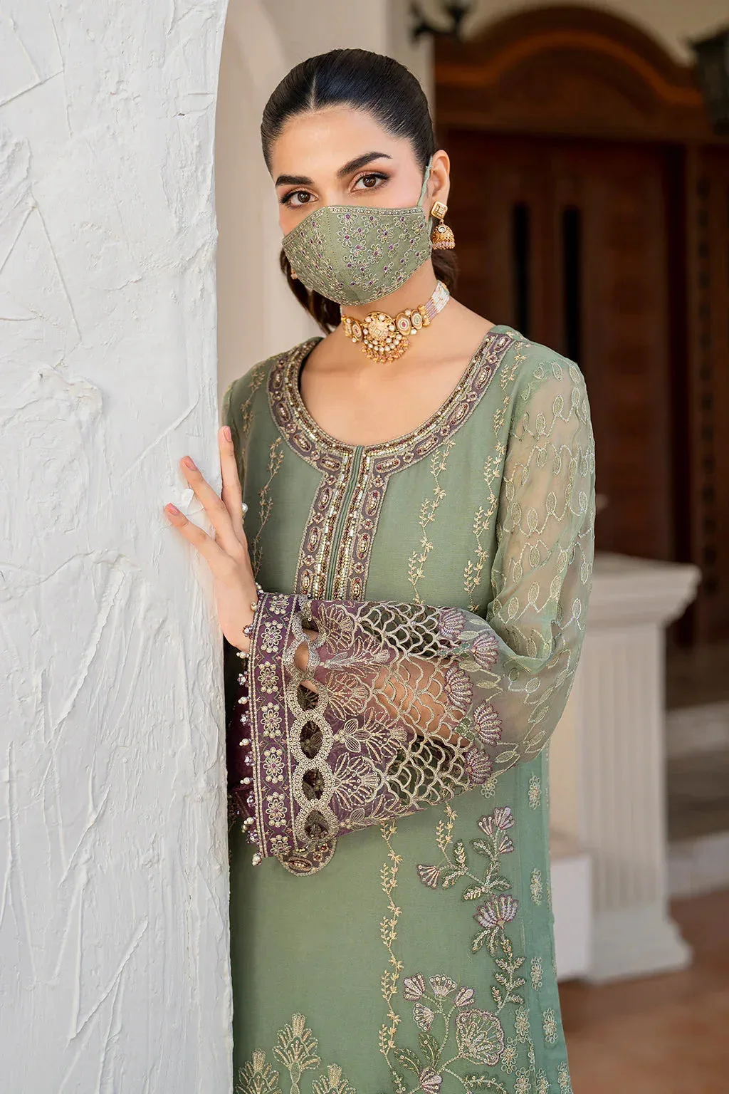 Flossie Naqsh Formals Greenish Gray Organza – view 3 – Poshaq