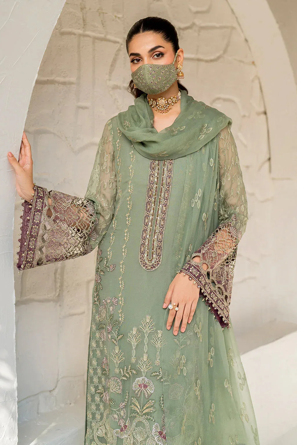 Flossie Naqsh Formals Greenish Gray Organza – view 5 – Poshaq