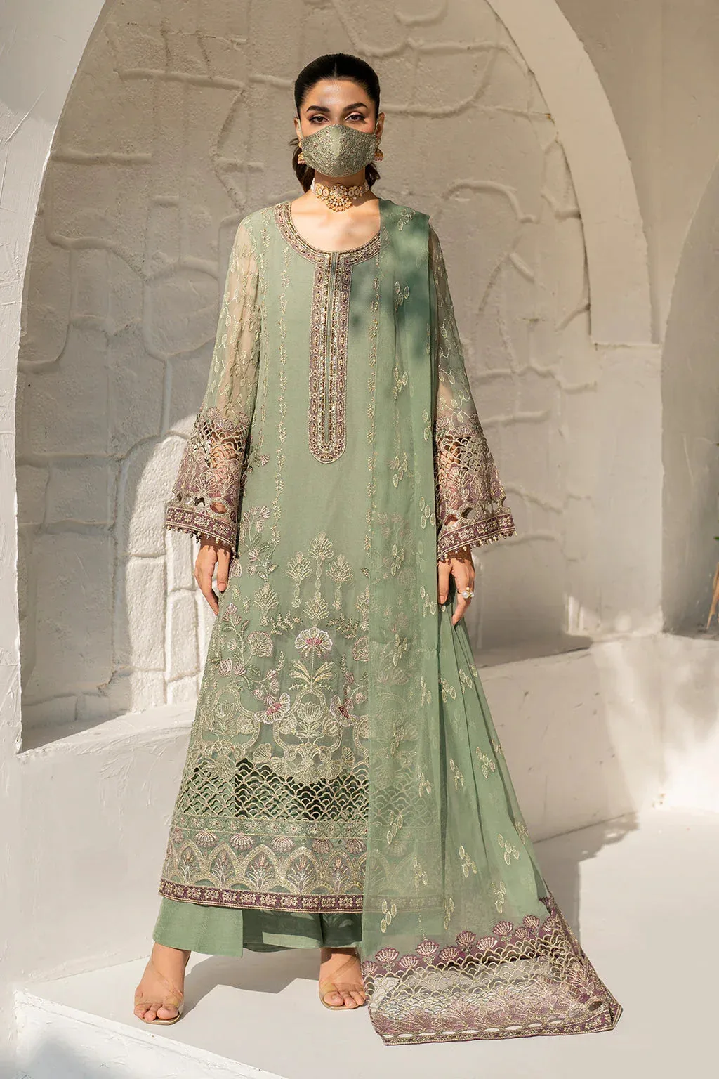 Flossie Naqsh Formals Greenish Gray Organza – view 7 – Poshaq