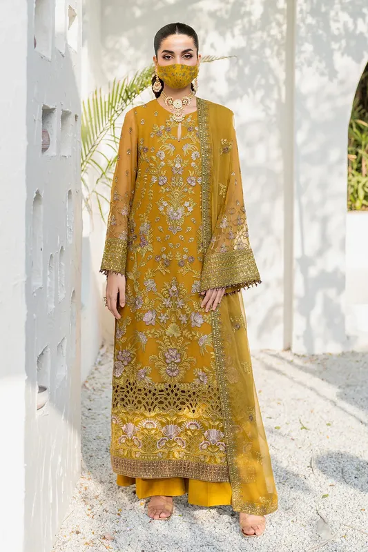 Flossie Naqsh Formals Mustard Organza – view 1 – Poshaq