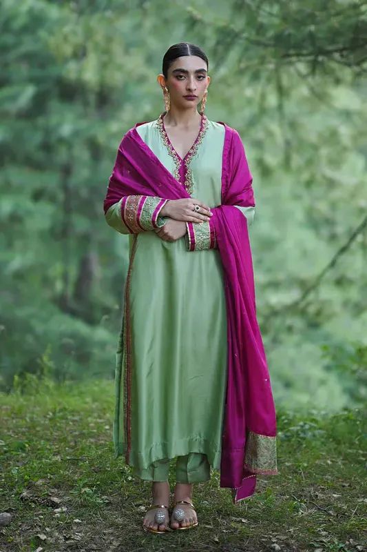 Hue Pret Farasha Luxury Pret Apple Green Silk – view 1 – Poshaq