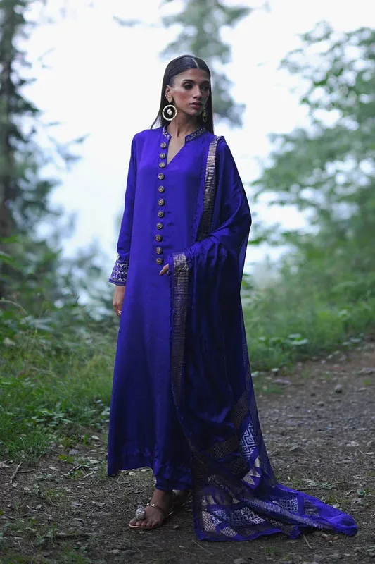 Hue Pret Farasha Luxury Pret Midnight Blue Silk – view 1 – Poshaq