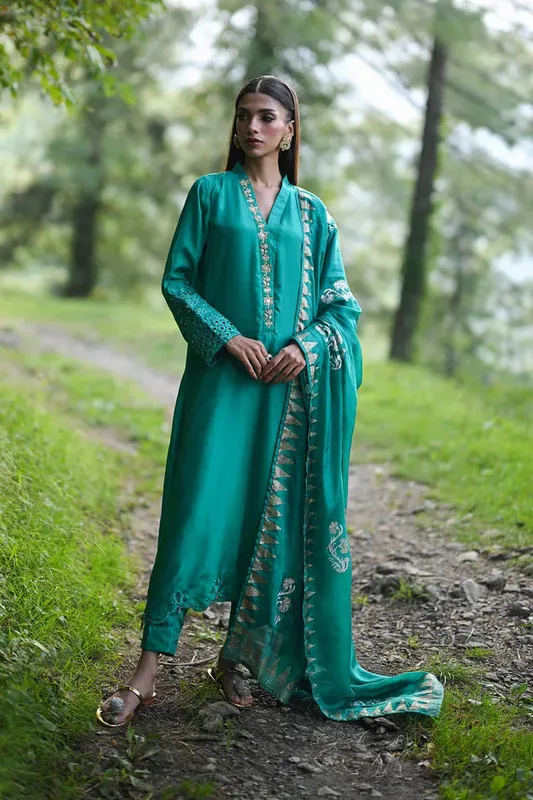 Hue Pret Farasha Luxury Pret Emerald Green Silk – view 1 – Poshaq