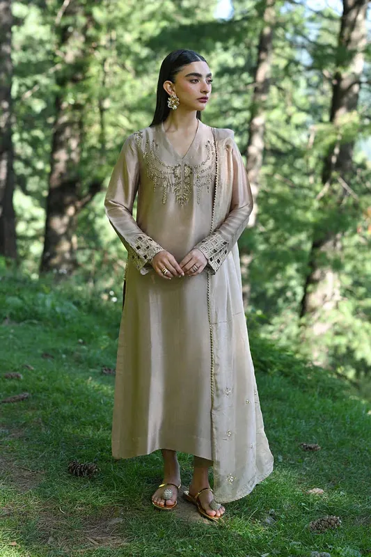 Hue Pret Farasha Luxury Pret Dusty Beige Silk – view 1 – Poshaq