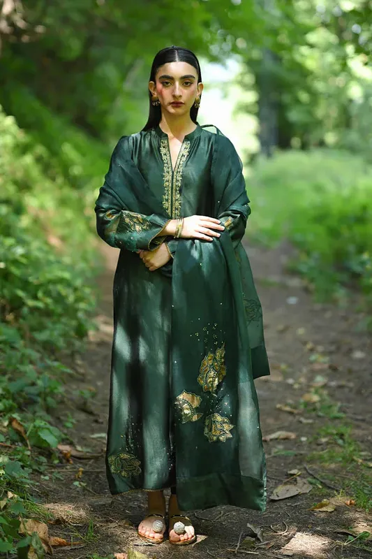 Hue Pret Farasha Luxury Pret Dark Green Organza – view 1 – Poshaq