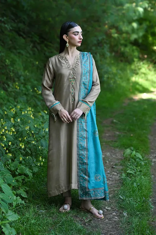 Hue Pret Farasha Luxury Pret Dusty Beige Silk – view 1 – Poshaq