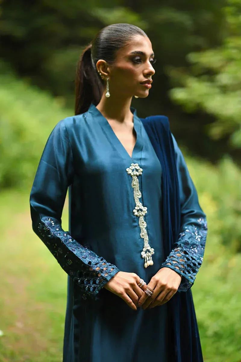Hue Pret Farasha Luxury Winter Teal Blue Velvet – view 3 – Poshaq
