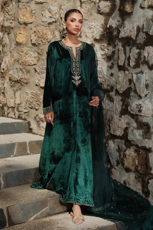 Hue Pret Farasha Luxury Winter Emerald Green Organza – view 1 – Poshaq