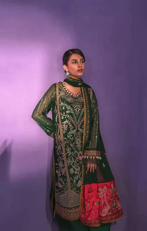 Gisele Zarish Festive Collection 23 Bottle Green Raw Silk – view 1 – Poshaq