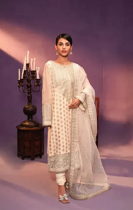 Gisele Zarish Festive Collection 23 Cream Raw Silk – view 1 – Poshaq