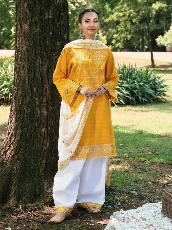 Hemstitch The Garden Lawn Mustard Yellow Chiffon – view 1 – Poshaq