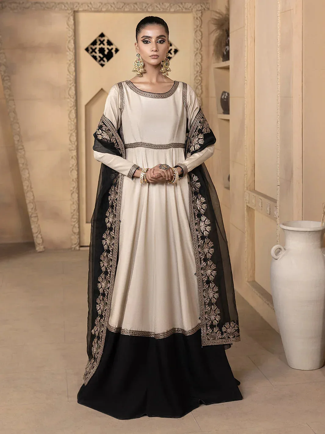 Ivory raw silk maxi dress with back tassels – view 1 – Poshaq