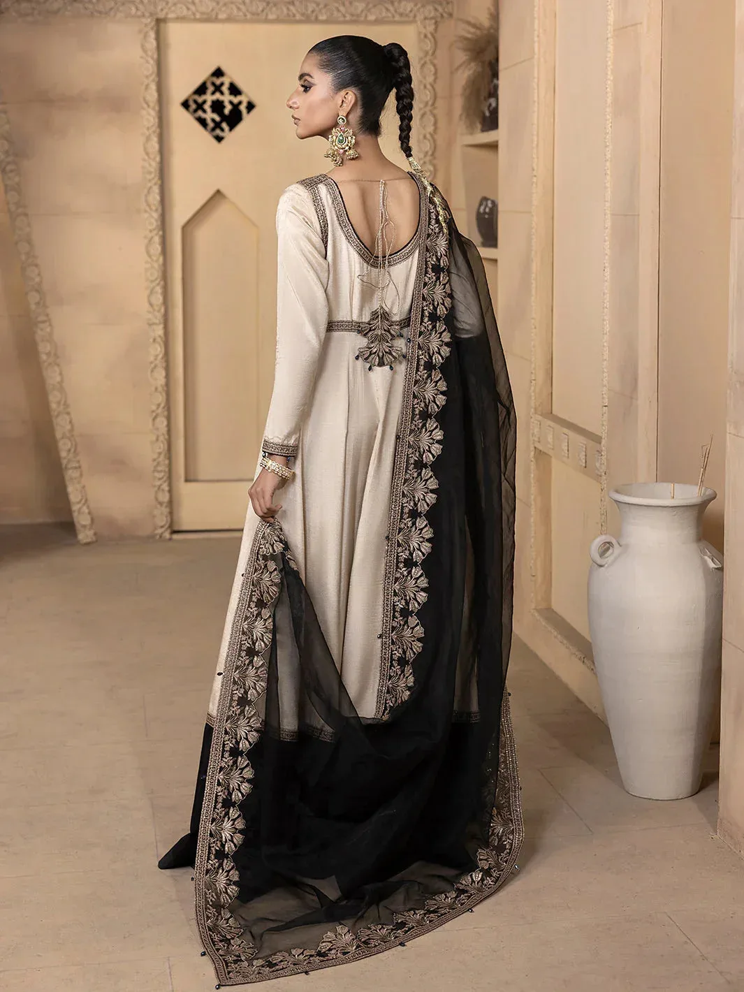 Ivory raw silk maxi dress with back tassels – view 2 – Poshaq