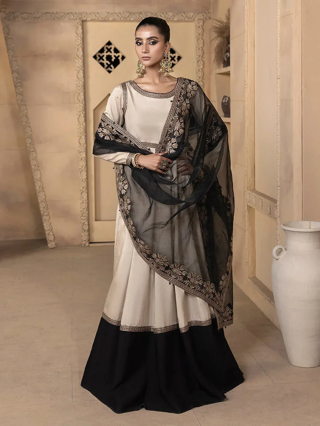 Ivory raw silk maxi dress with back tassels – view 4 – Poshaq