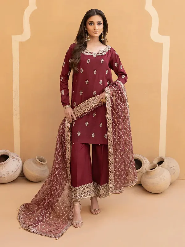Maroon raw silk shirt with organza trim and embroidered details – view 1 – Poshaq