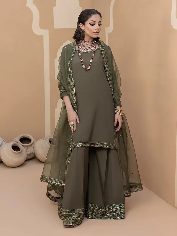 Hemstitch Raw Silk Edit 25 Deep Olive Green Raw Silk – view 1 – Poshaq