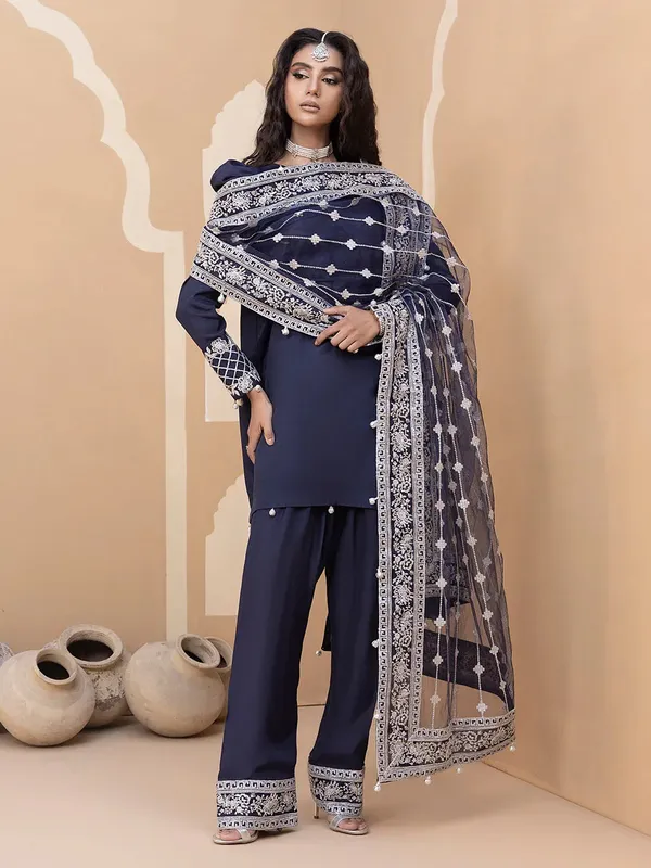 Hemstitch Raw Silk Edit 25 Navy Blue Raw Silk – view 1 – Poshaq