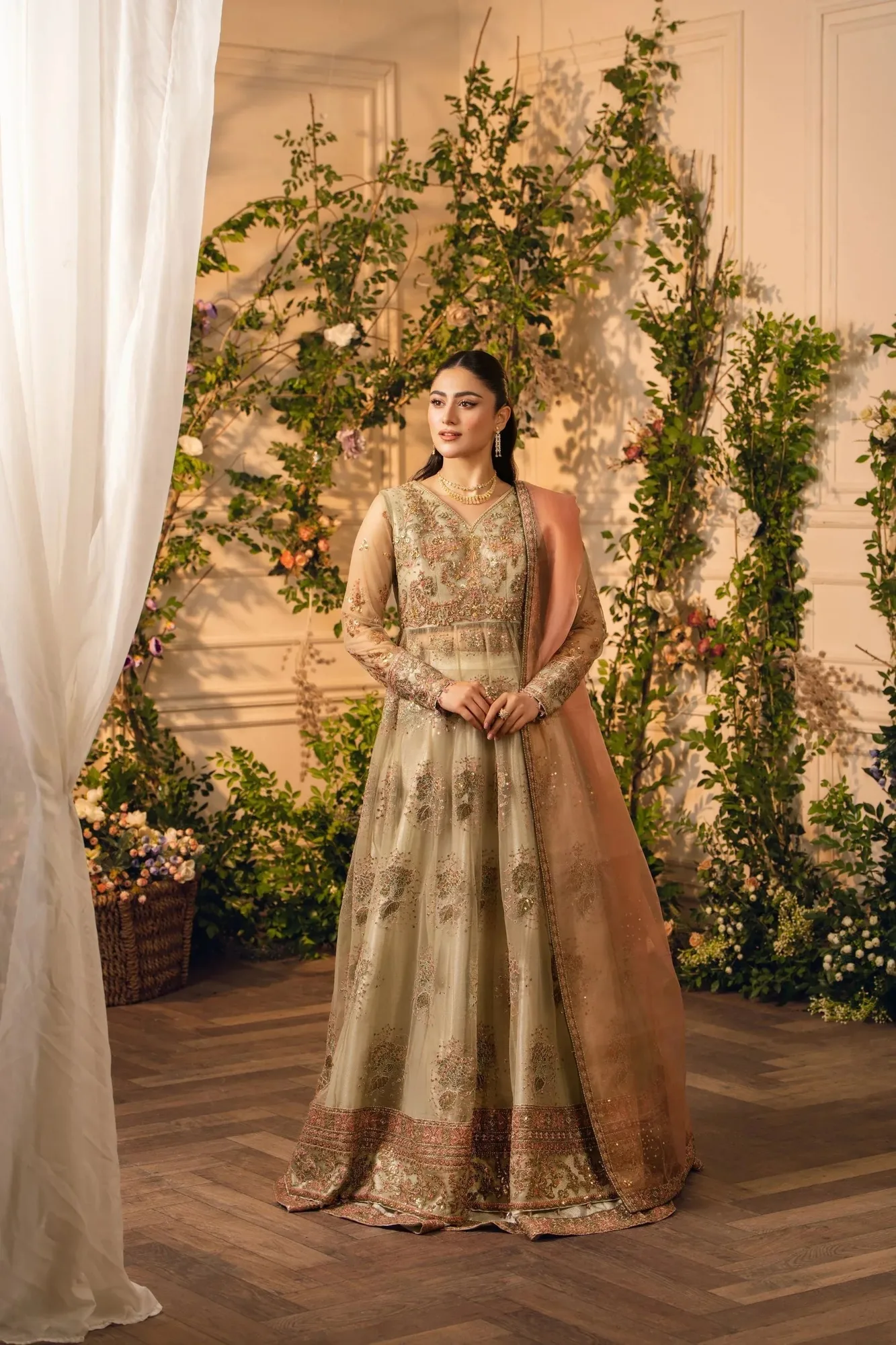 Hemstitch Festive Edition 24 Mehndi Green Organza – view 1 – Poshaq