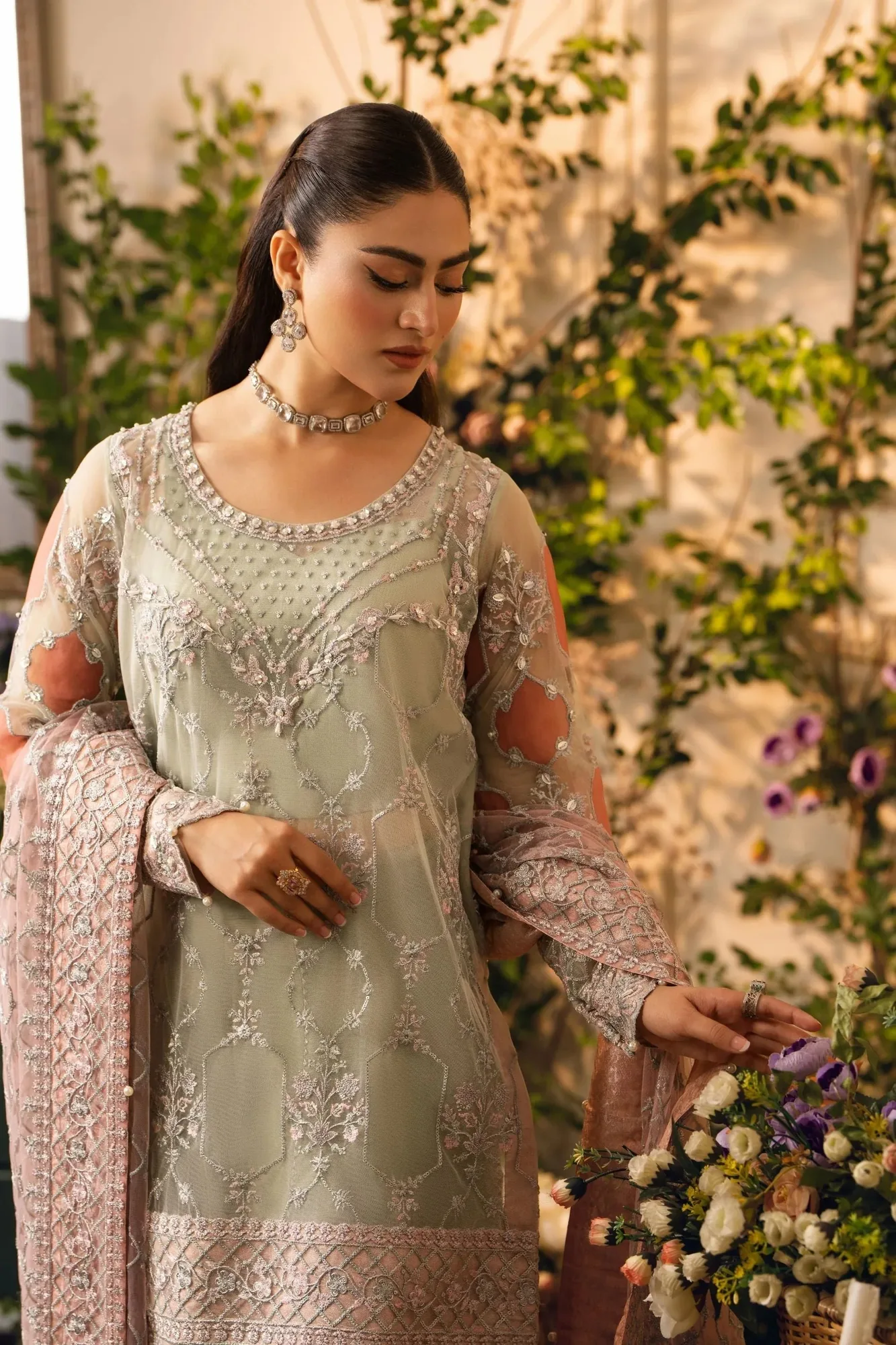 Hemstitch Festive Edition 24 Mint Raw Silk – view 3 – Poshaq