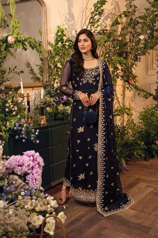 Hemstitch Festive Edition 24 Dark Blue Raw Silk – view 1 – Poshaq