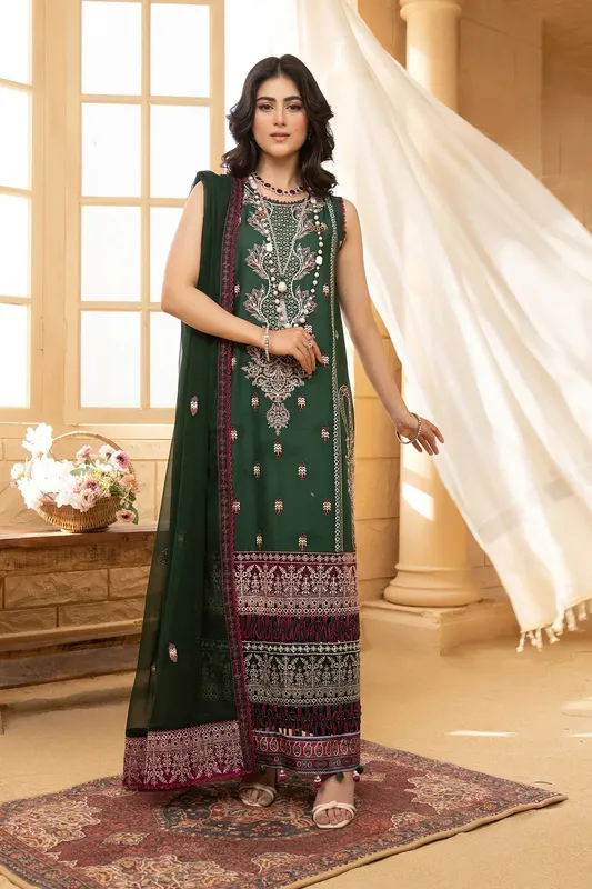 Hemstitch Summer Luxury Lawn 24 Green Organza – view 1 – Poshaq