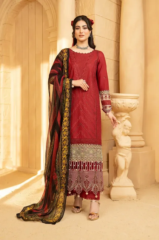 Hemstitch Summer Luxury Lawn 24 Red Organza – view 1 – Poshaq