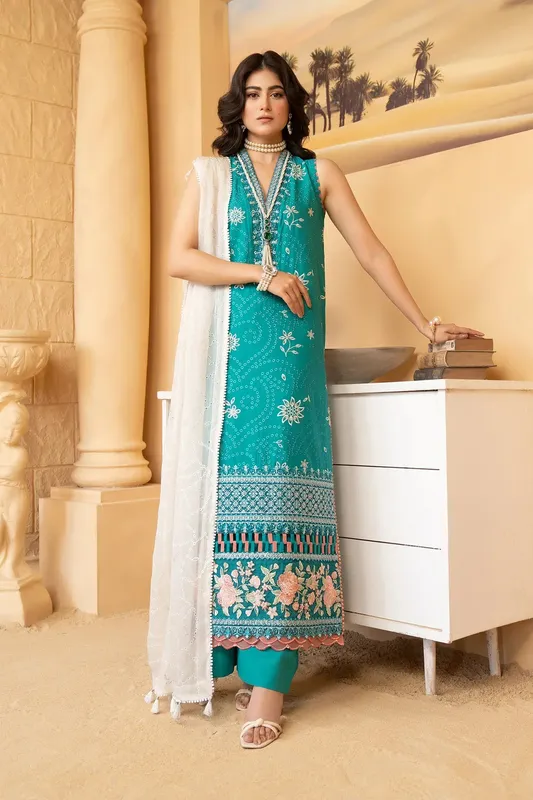 Hemstitch Summer Luxury Lawn 24 Turquoise Organza – view 1 – Poshaq