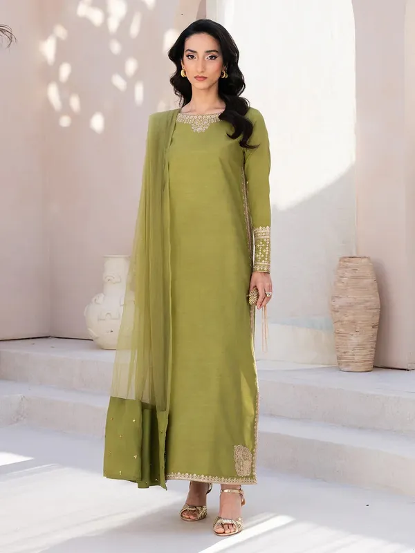 Izel Le Tresor Formals Olive Green Raw Silk – view 1 – Poshaq