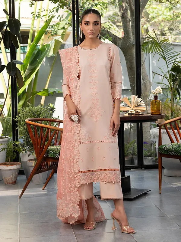 Izel Meadow Muse Embroidered Lawn 25 Peach Pink Organza – view 1 – Poshaq