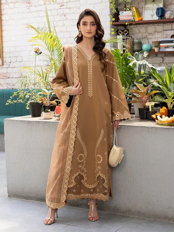 Izel Meadow Muse Embroidered Lawn 25 Light Brown Organza – view 1 – Poshaq