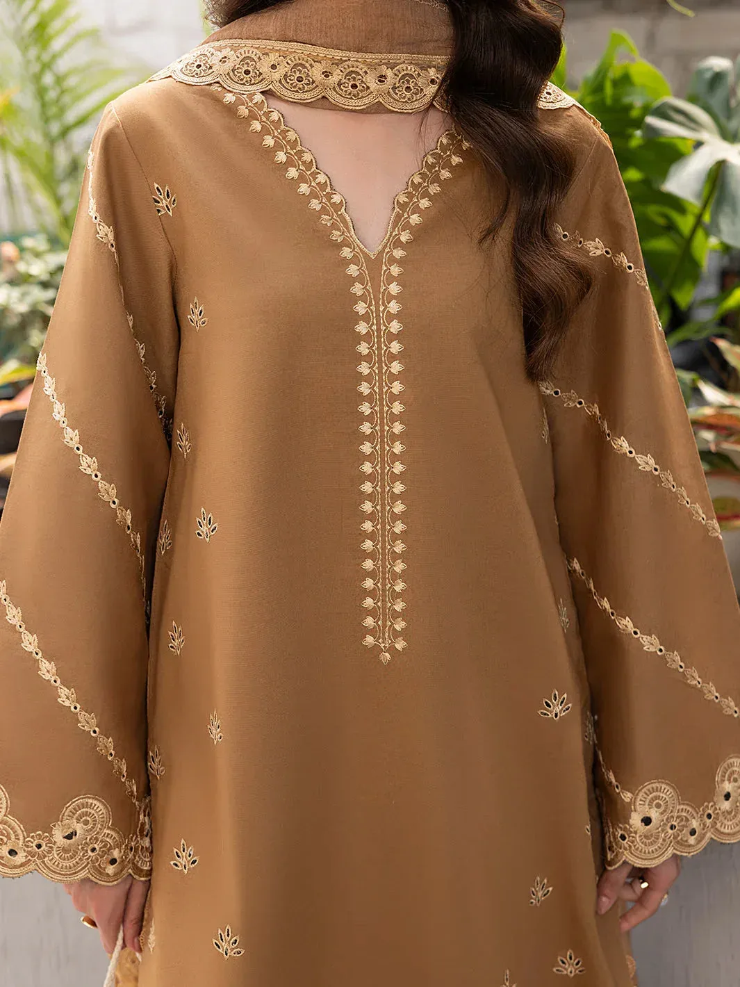 Izel Meadow Muse Embroidered Lawn 25 Light Brown Organza – view 3 – Poshaq