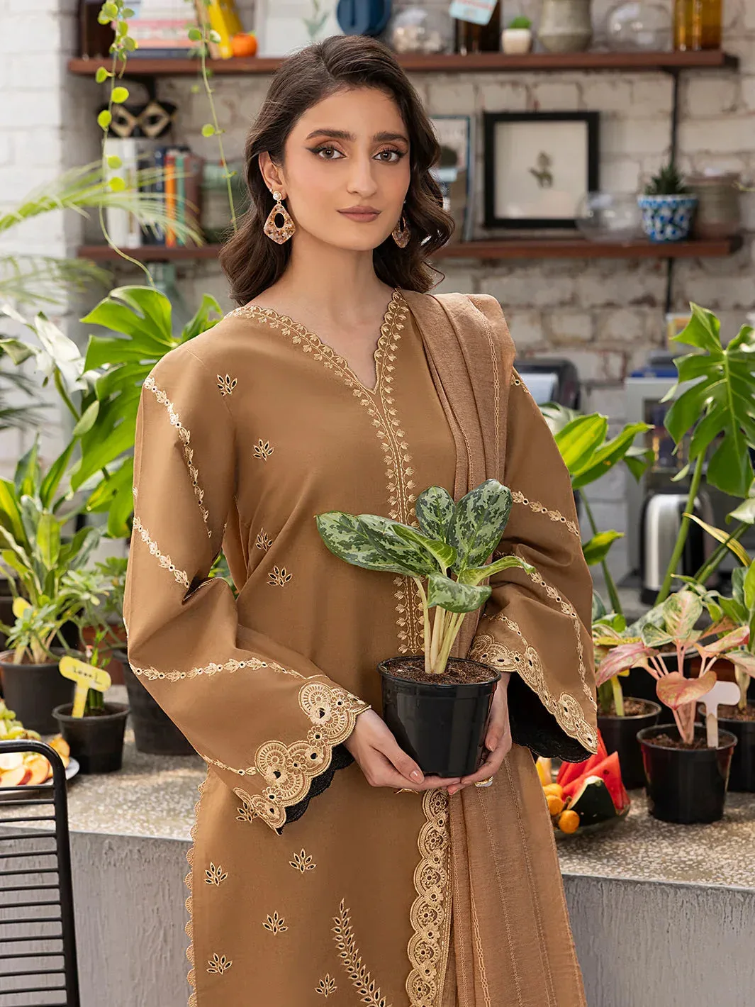 Izel Meadow Muse Embroidered Lawn 25 Light Brown Organza – view 4 – Poshaq