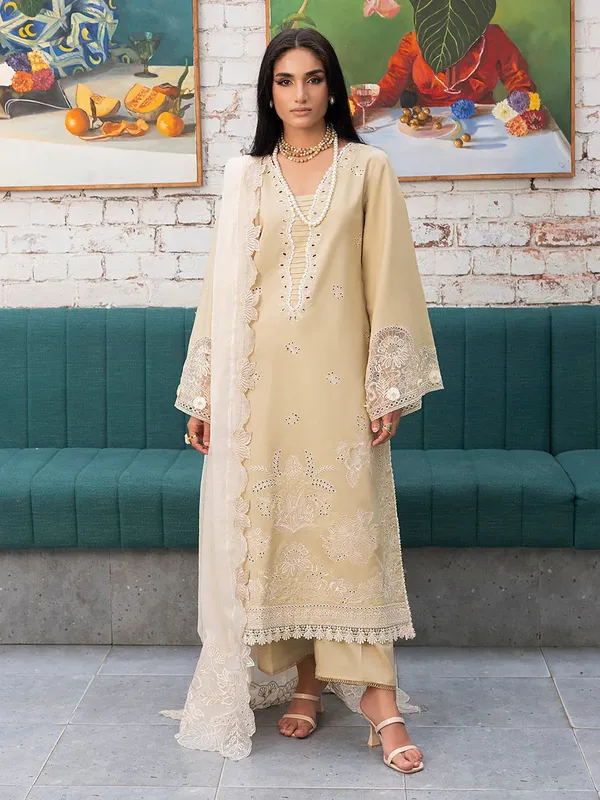 Izel Meadow Muse Embroidered Lawn 25 Beige Organza – view 1 – Poshaq