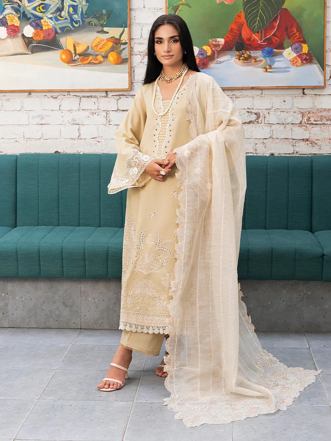 Izel Meadow Muse Embroidered Lawn 25 Beige Organza – view 2 – Poshaq