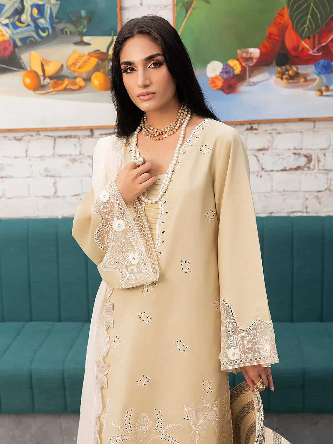 Izel Meadow Muse Embroidered Lawn 25 Beige Organza – view 4 – Poshaq