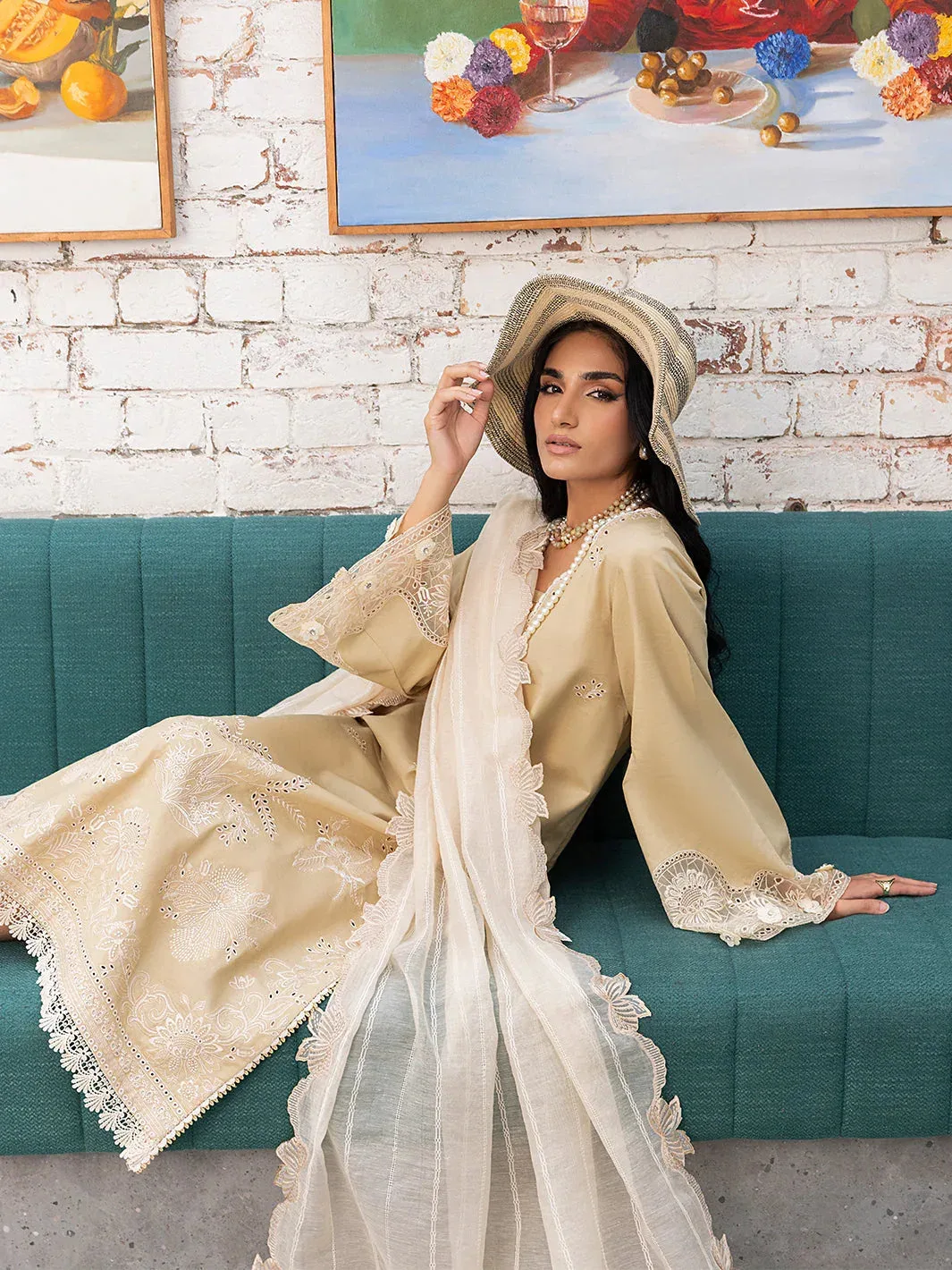 Izel Meadow Muse Embroidered Lawn 25 Beige Organza – view 5 – Poshaq