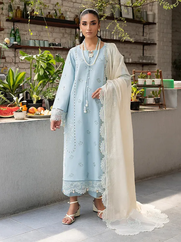 Izel Meadow Muse Embroidered Lawn 25 Light Blue Organza – view 1 – Poshaq