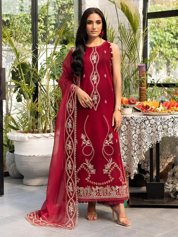 Izel Meadow Muse Embroidered Lawn 25 Carmine Organza – view 1 – Poshaq