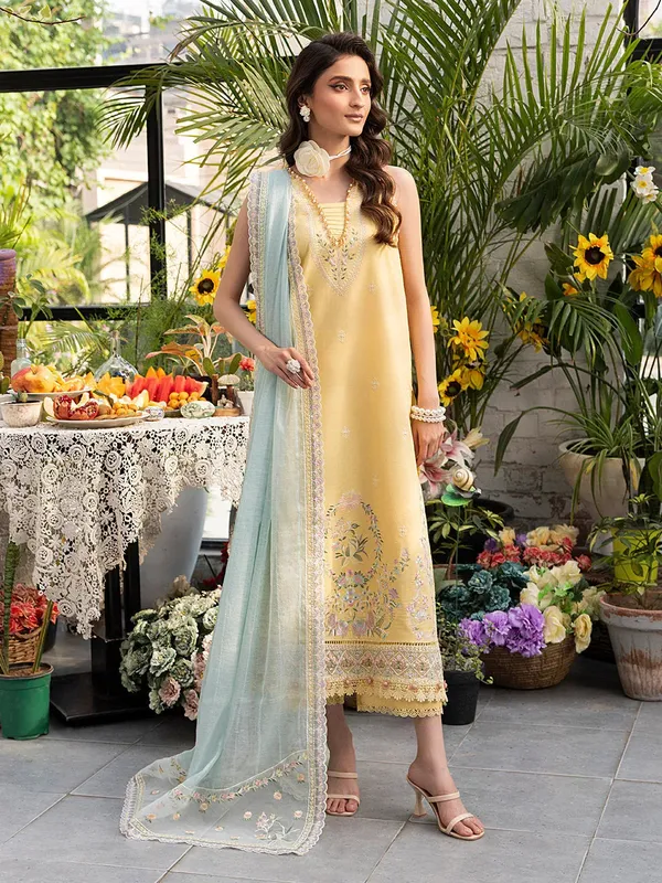 Izel Meadow Muse Embroidered Lawn 25 Pale Yellow Organza – view 1 – Poshaq