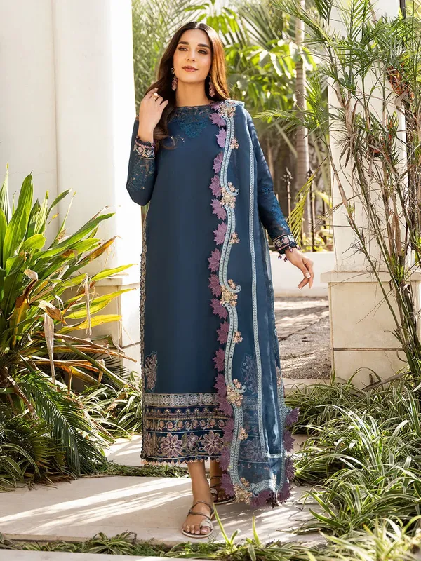 Izel Mahveen Festive Lawn 25 Navy Blue Lawn – view 1 – Poshaq