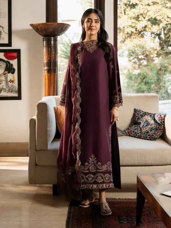 Izel Mahveen Festive Lawn 25 Dark Plum Lawn – view 1 – Poshaq