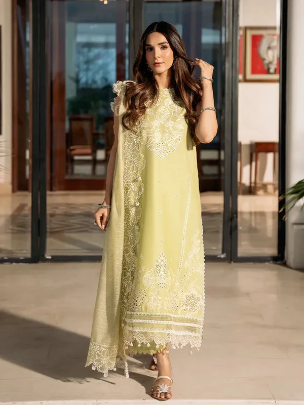Izel Mahveen Festive Lawn 25 Lime Yellow Lawn – view 1 – Poshaq