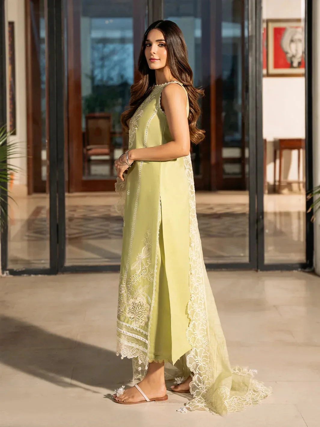 Izel Mahveen Festive Lawn 25 Lime Yellow Lawn – view 2 – Poshaq