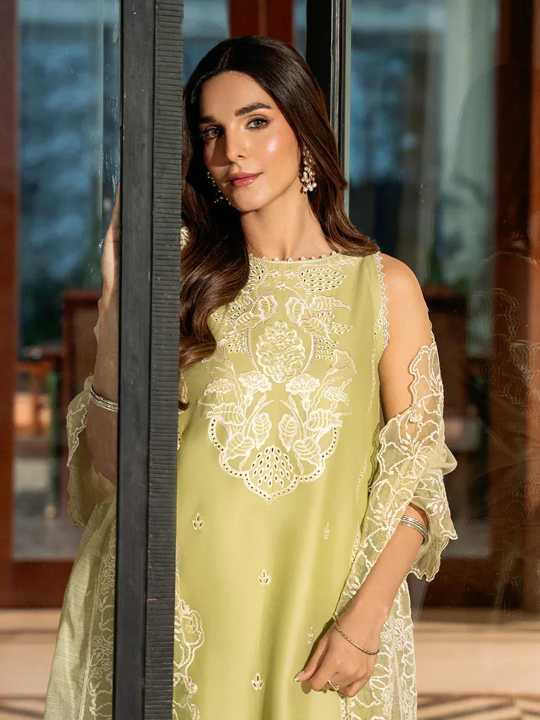 Izel Mahveen Festive Lawn 25 Lime Yellow Lawn – view 3 – Poshaq