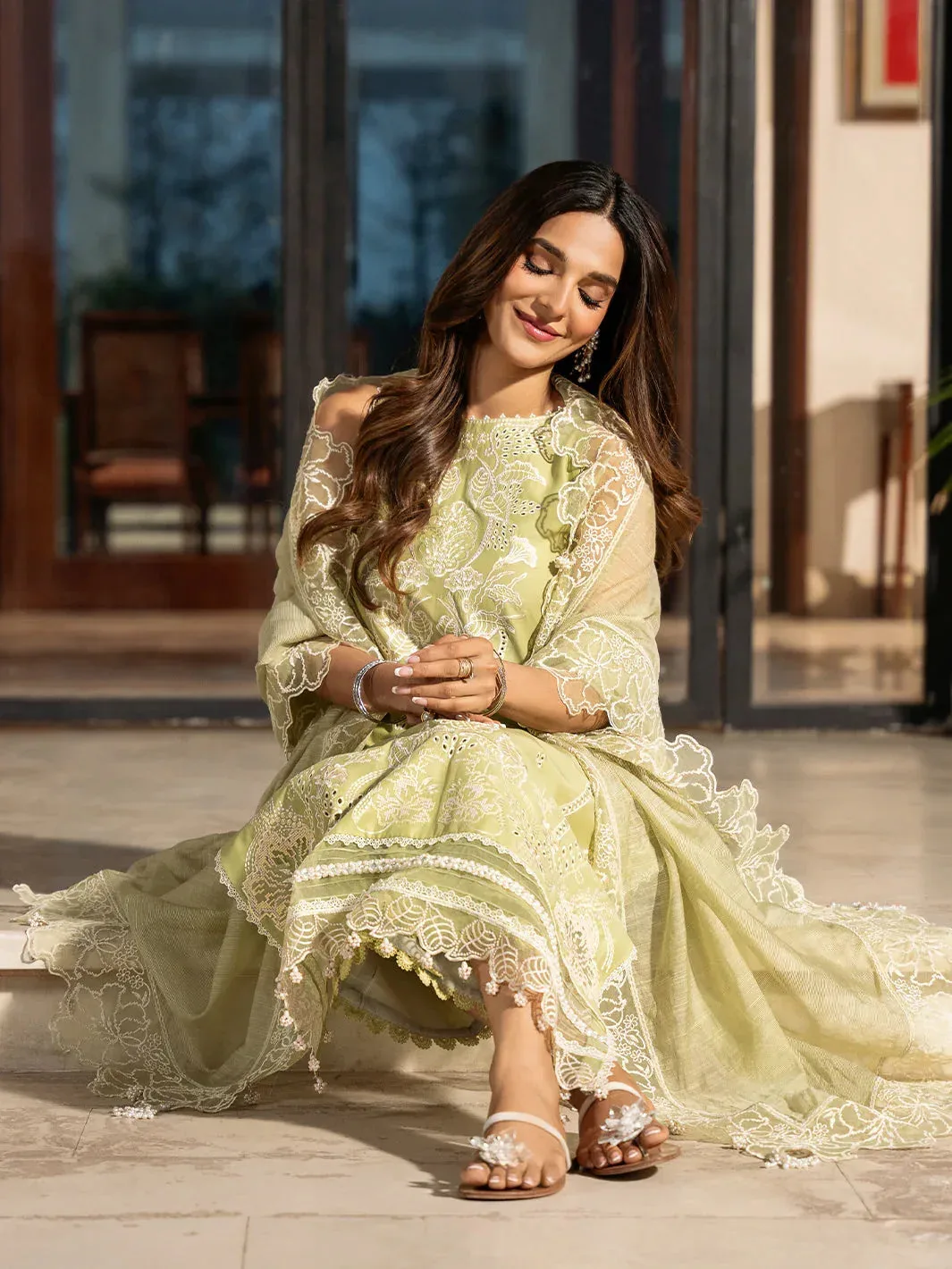 Izel Mahveen Festive Lawn 25 Lime Yellow Lawn – view 5 – Poshaq