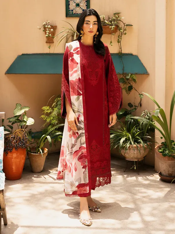 Izel Dastak Luxury Lawn Blood Red Organza – view 1 – Poshaq