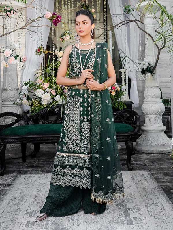Izel Heeriye Festive Collection Bottle Green Chiffon – view 1 – Poshaq