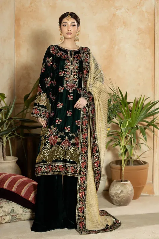 Imrozia Premium Rukh e Makhmal Dark Green Velvet – view 1 – Poshaq