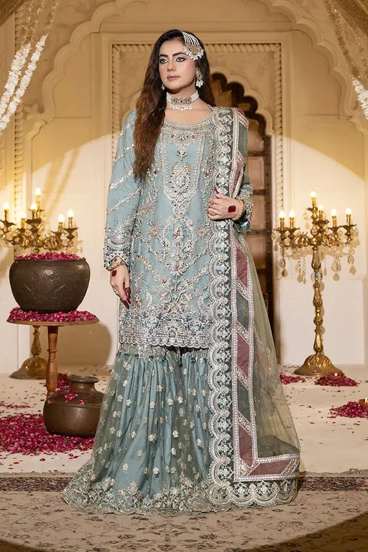 Imrozia Premium Jhoomer Wedding Formals 25 Eucalyptus Green Net – view 1 – Poshaq