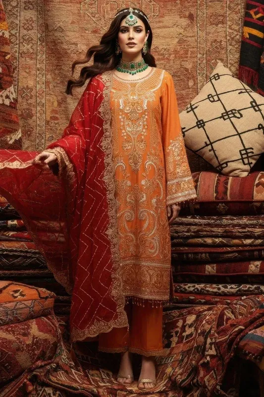 Imrozia Premium Mehr e Mah Orange Raw Silk – view 1 – Poshaq